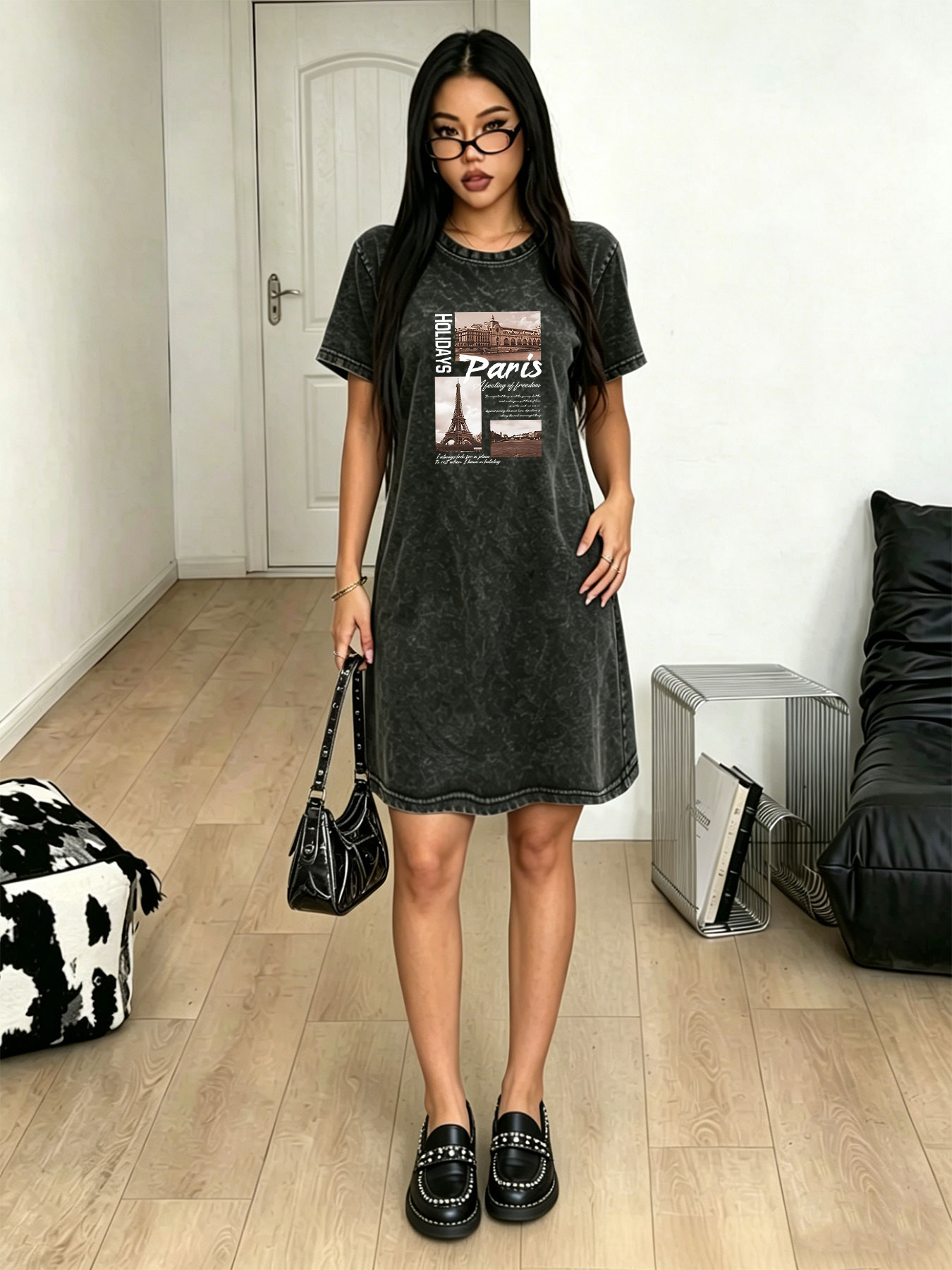 Streetwear Brand Paris - Kadın yıkanmış vintage tişört elbise, Paris